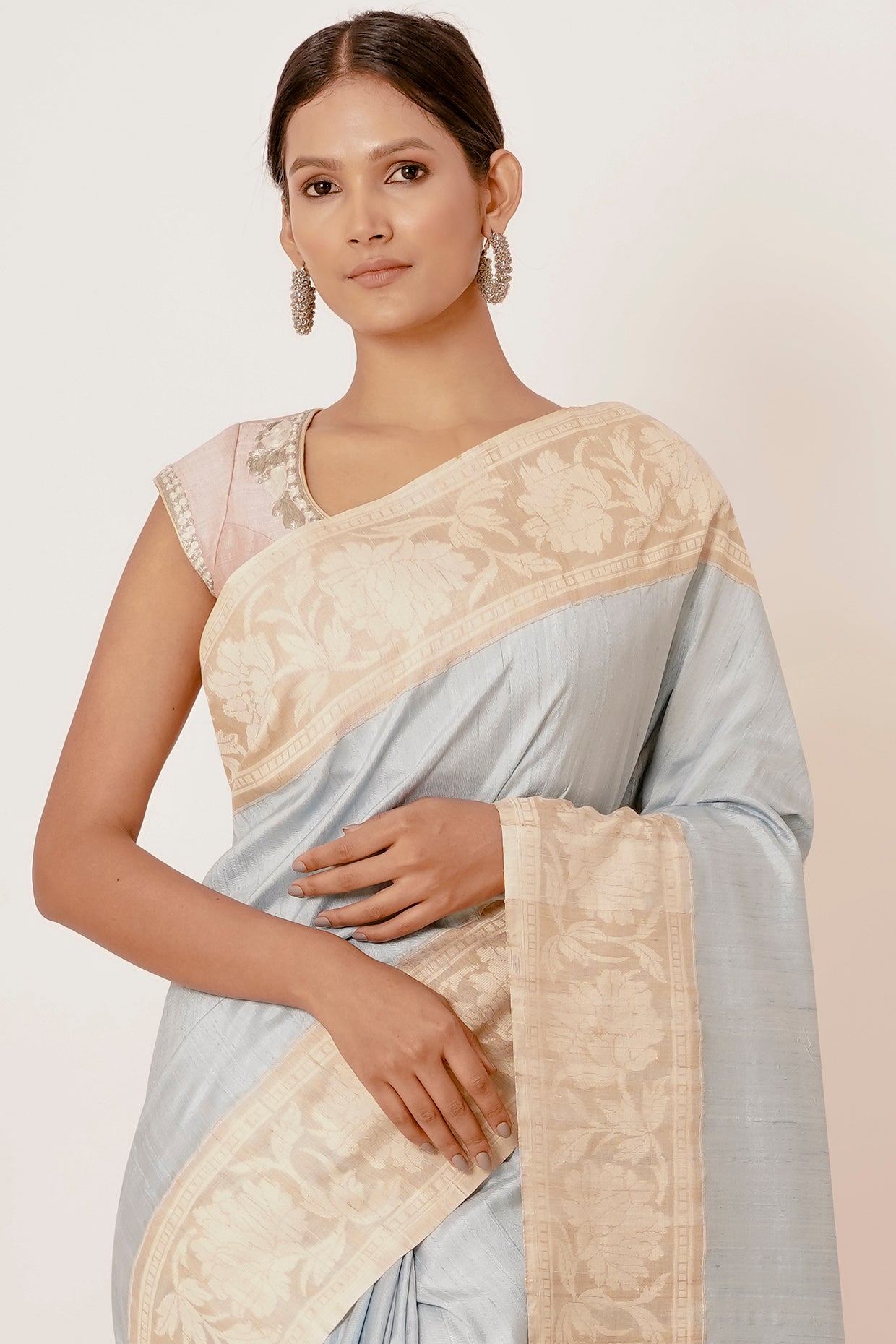 Light blue banarasi Silk Saree with Beige border