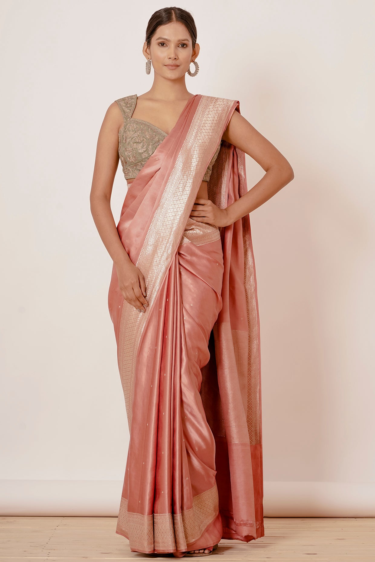 Dusty Peach Banarasi Gajji Silk Saree with Grey Blouse