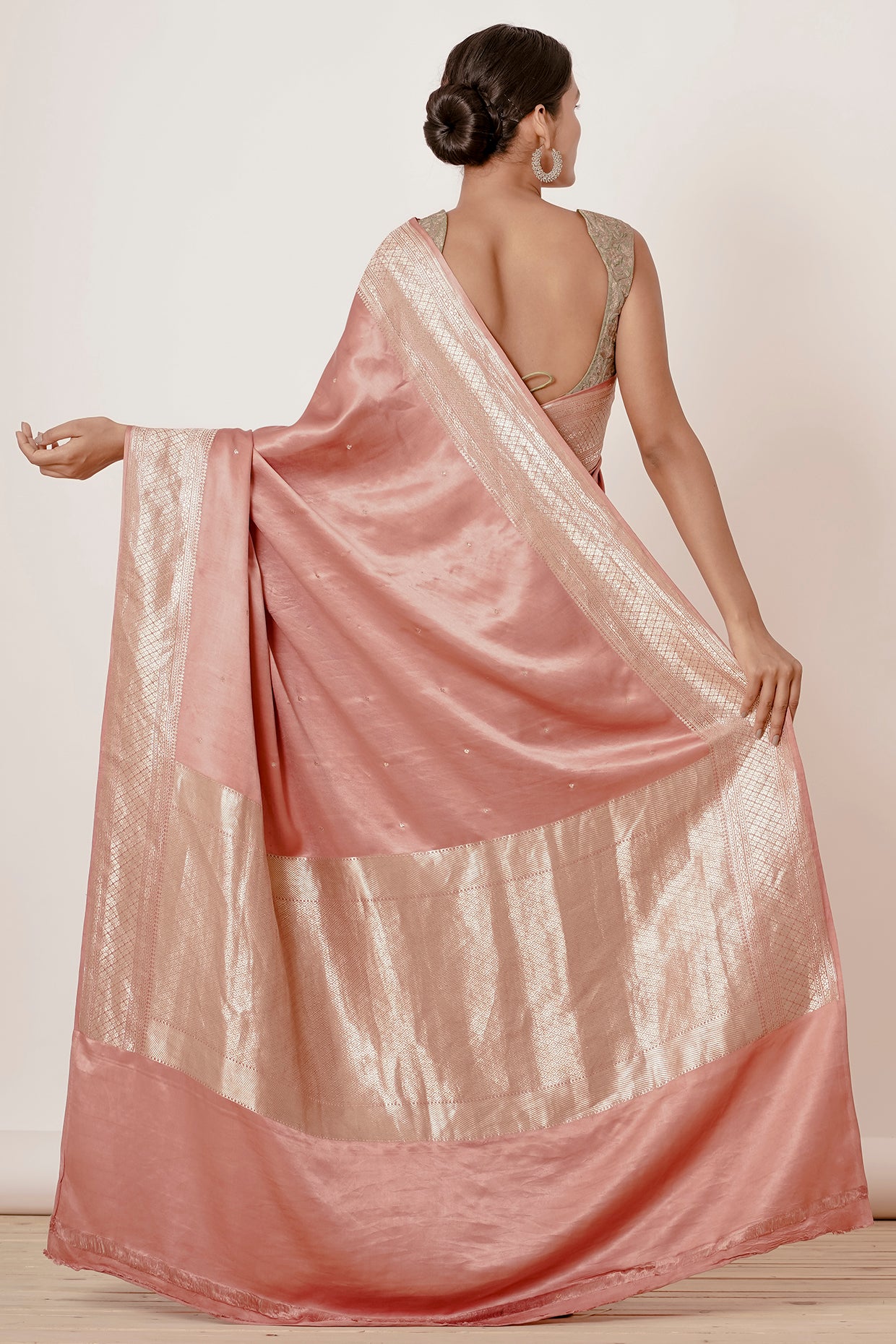 Dusty Peach Banarasi Gajji Silk Saree with Grey Blouse