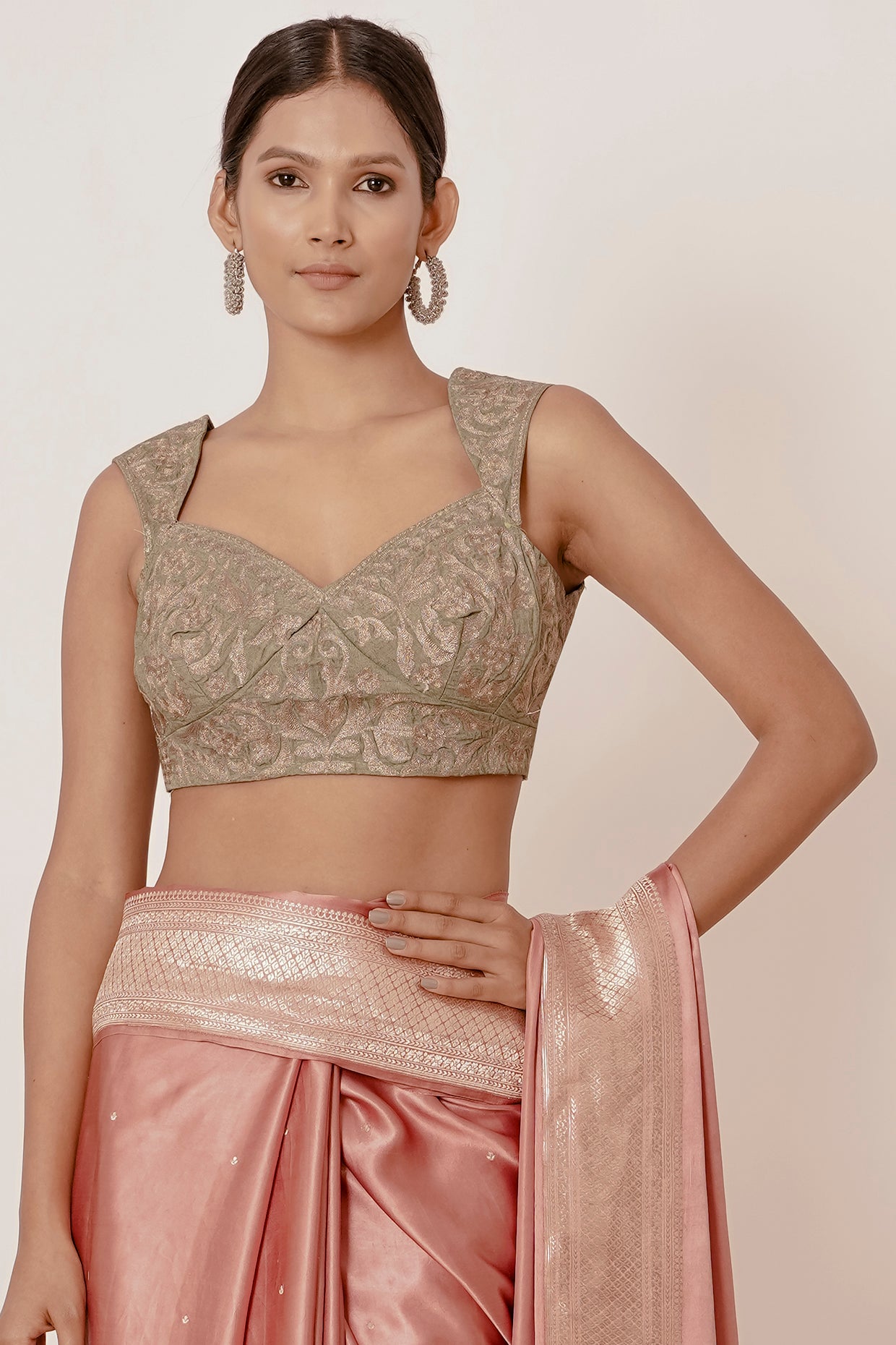 Dusty Peach Banarasi Gajji Silk Saree with Grey Blouse