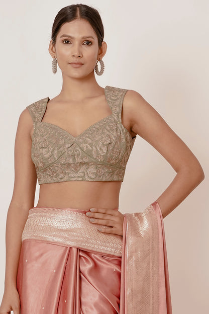 Dusty Peach Banarasi Gajji Silk Saree with Grey Blouse