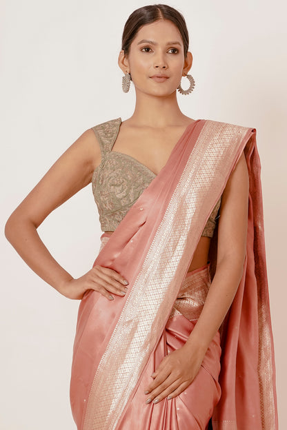 Dusty Peach Banarasi Gajji Silk Saree with Grey Blouse