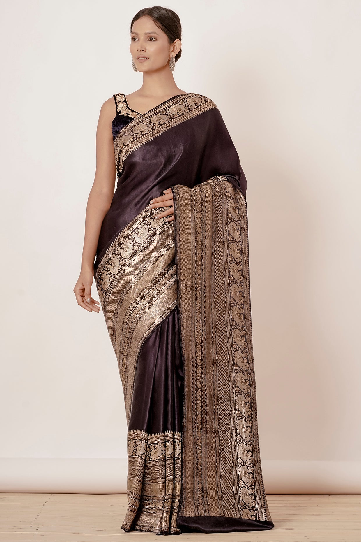 Coffee Dark Brown Black Banarasi Silk Saree with Velvet Coffee Blouse
