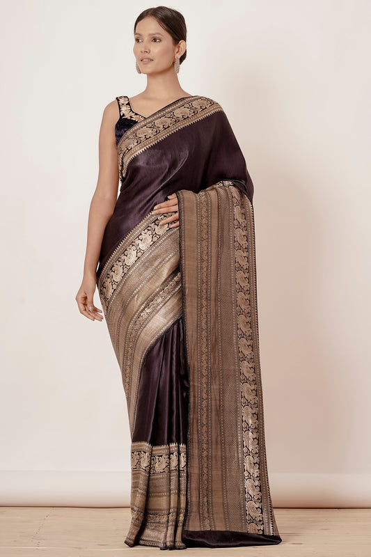 Coffee Dark Brown Black Banarasi Silk Saree with Velvet Coffee Blouse