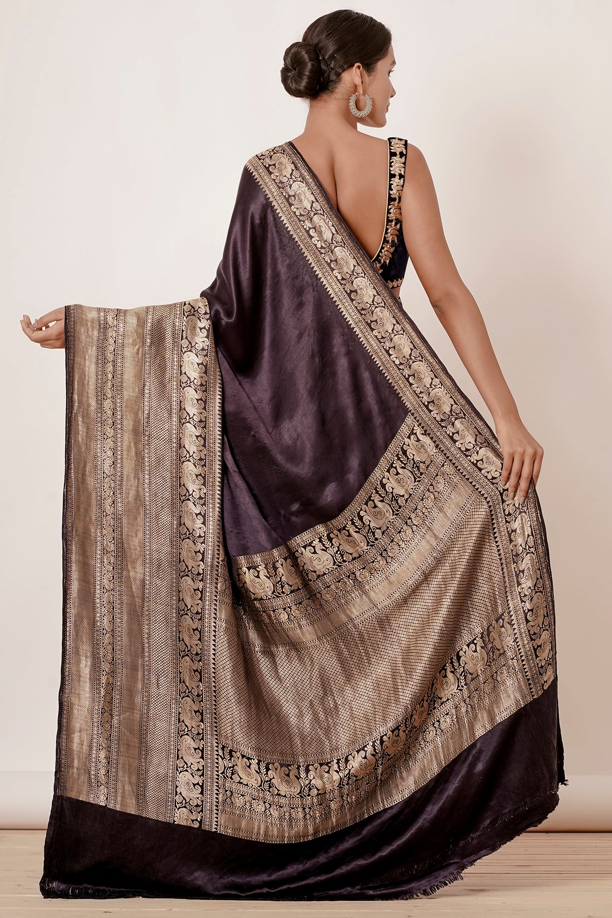 Coffee Dark Brown Black Banarasi Silk Saree with Velvet Coffee Blouse