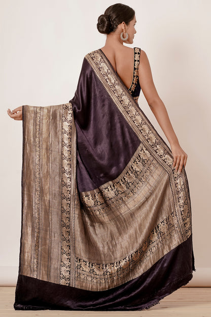 Coffee Dark Brown Black Banarasi Silk Saree with Velvet Coffee Blouse