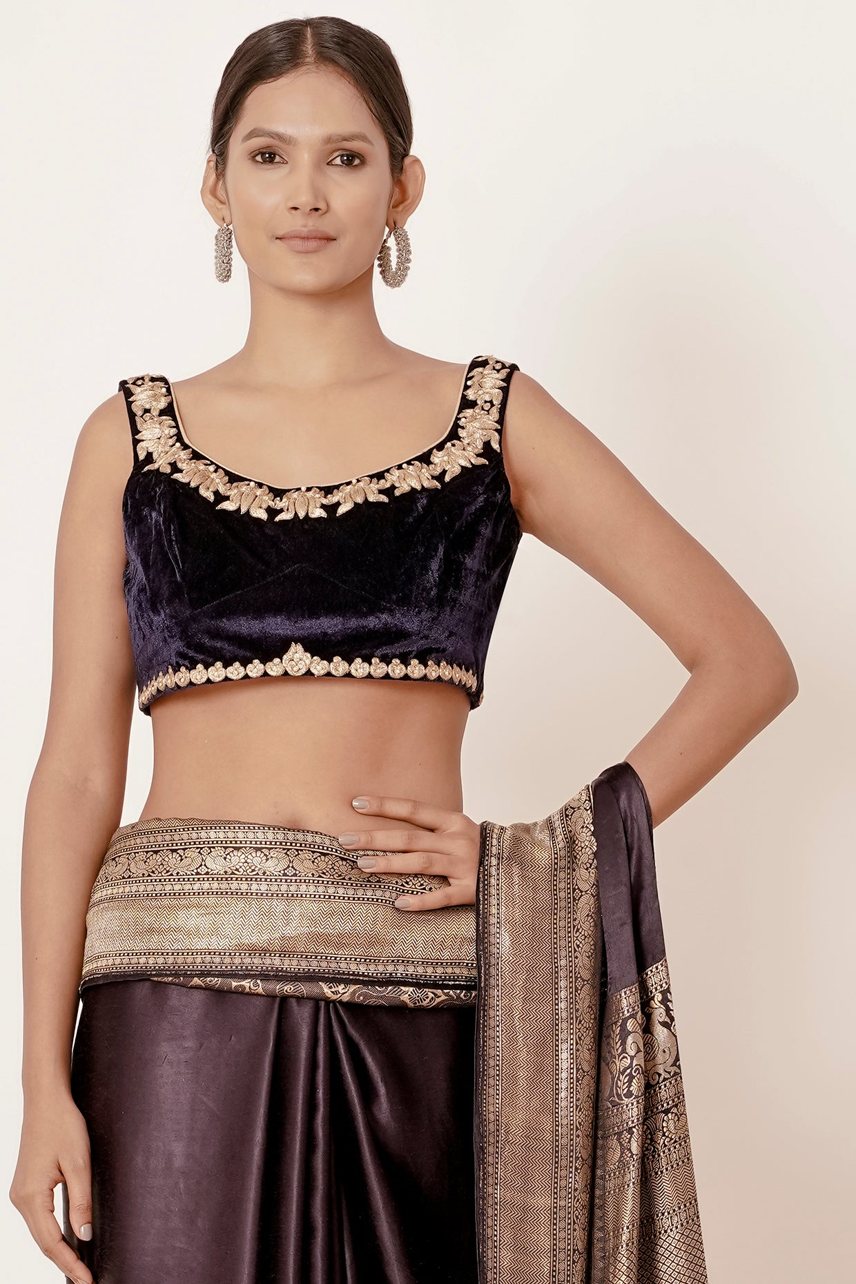 Coffee Dark Brown Black Banarasi Silk Saree with Velvet Coffee Blouse