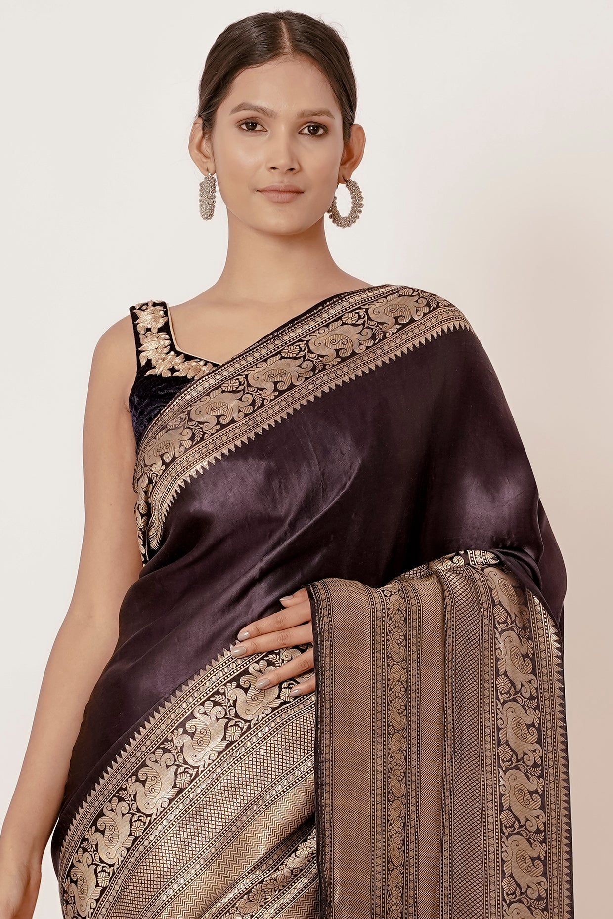 Coffee Dark Brown Black Banarasi Silk Saree with Velvet Coffee Blouse