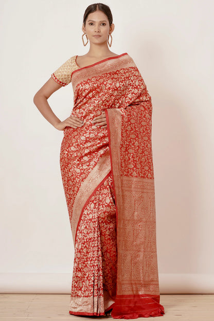 Red Ganarasi Silk Saree with Gold Backless Blouse