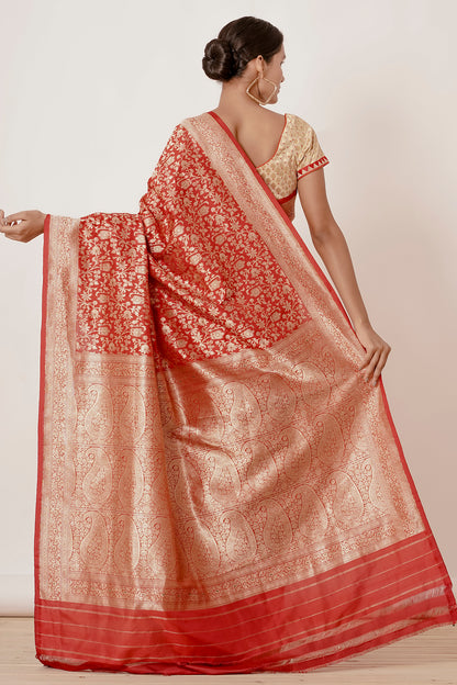 Red Ganarasi Silk Saree with Gold Backless Blouse