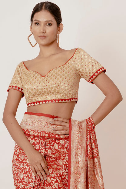 Red Ganarasi Silk Saree with Gold Backless Blouse