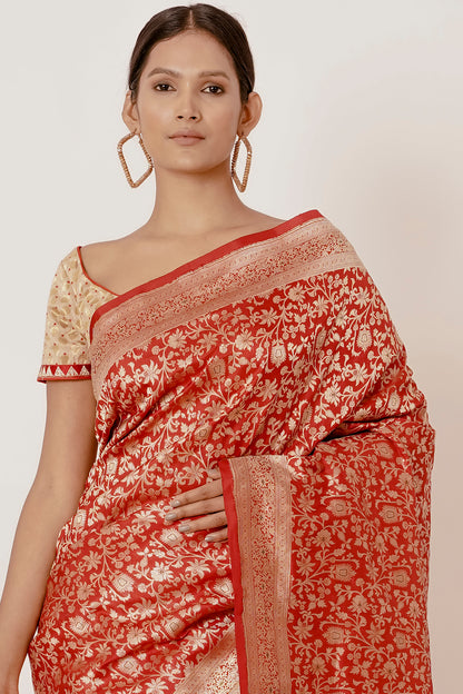 Red Ganarasi Silk Saree with Gold Backless Blouse