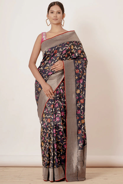 Navy Blue Black Banarasi Silk Saree with Pink Blouse