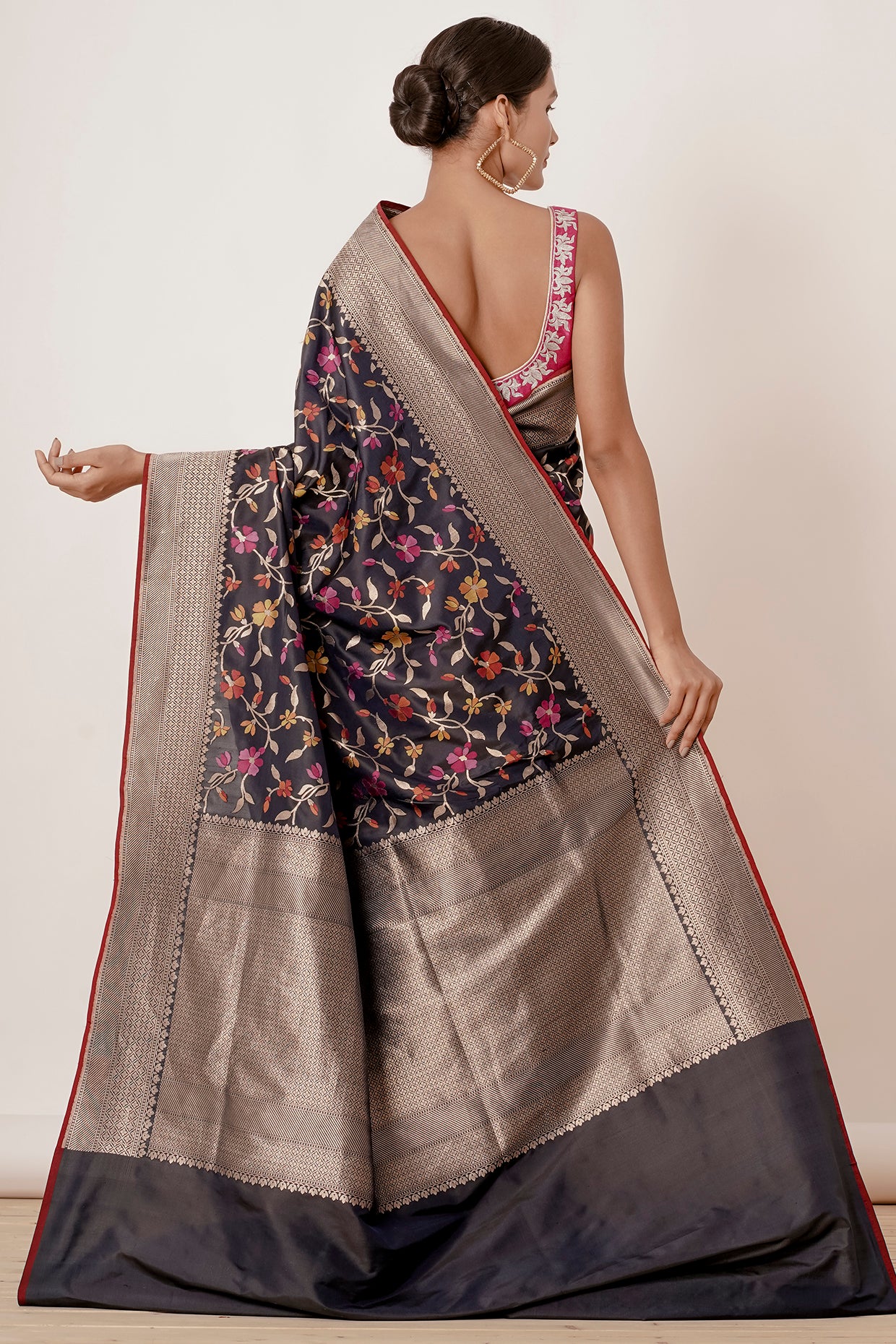 Navy Blue Black Banarasi Silk Saree with Pink Blouse