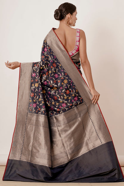 Navy Blue Black Banarasi Silk Saree with Pink Blouse