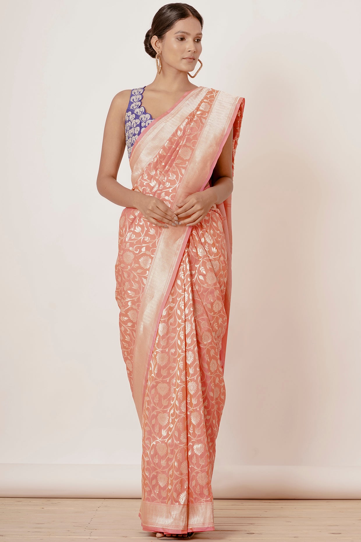 Light Peach Banarasi Silk Saree with Blue Blouse