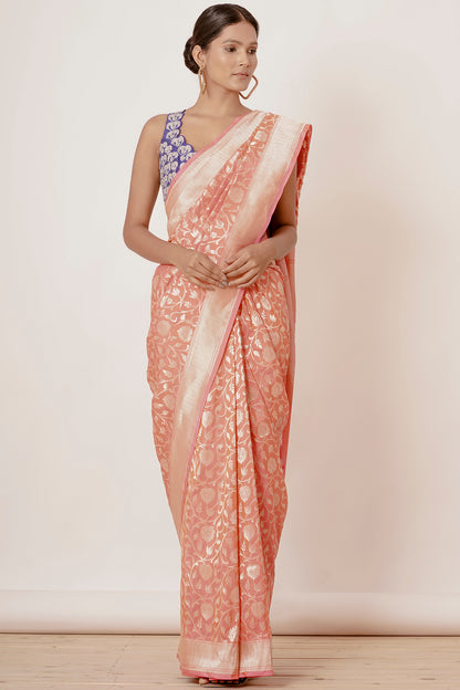 Light Peach Banarasi Silk Saree with Blue Blouse