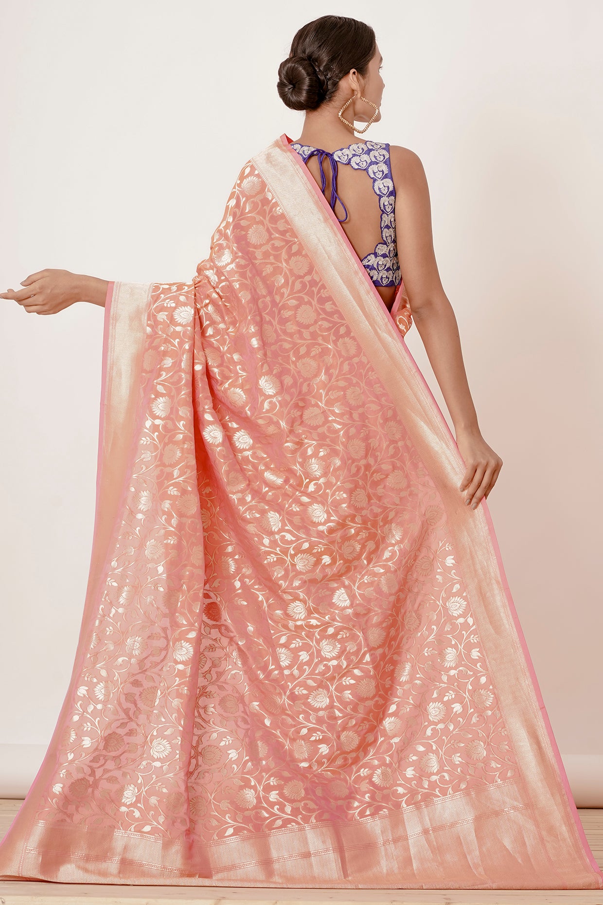 Light Peach Banarasi Silk Saree with Blue Blouse