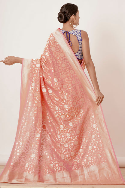 Light Peach Banarasi Silk Saree with Blue Blouse