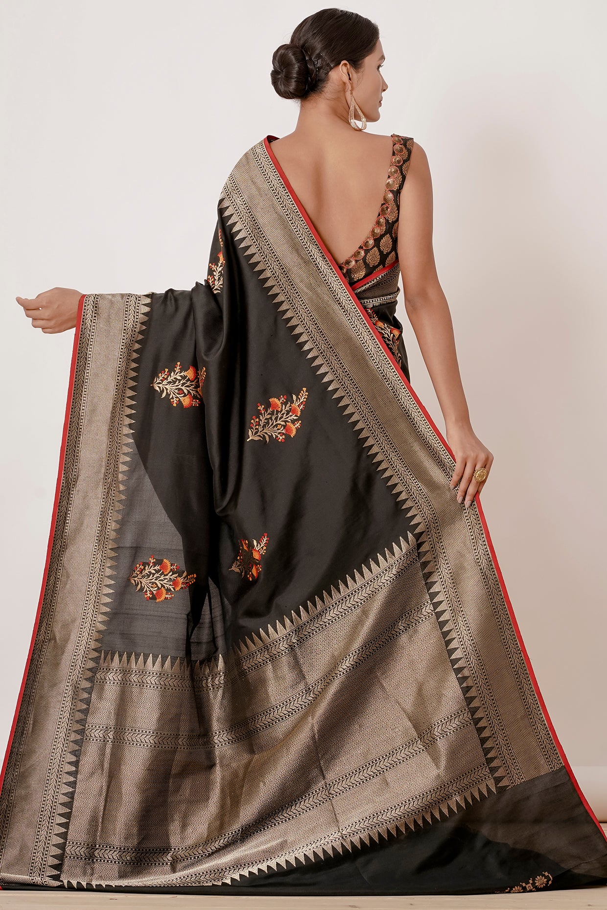Black Banarasi Silk Saree with Floral Motifs all over and Black Brocade Blouse