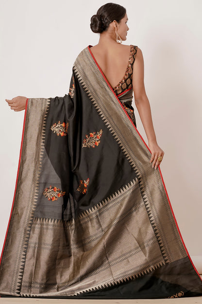 Black Banarasi Silk Saree with Floral Motifs all over and Black Brocade Blouse
