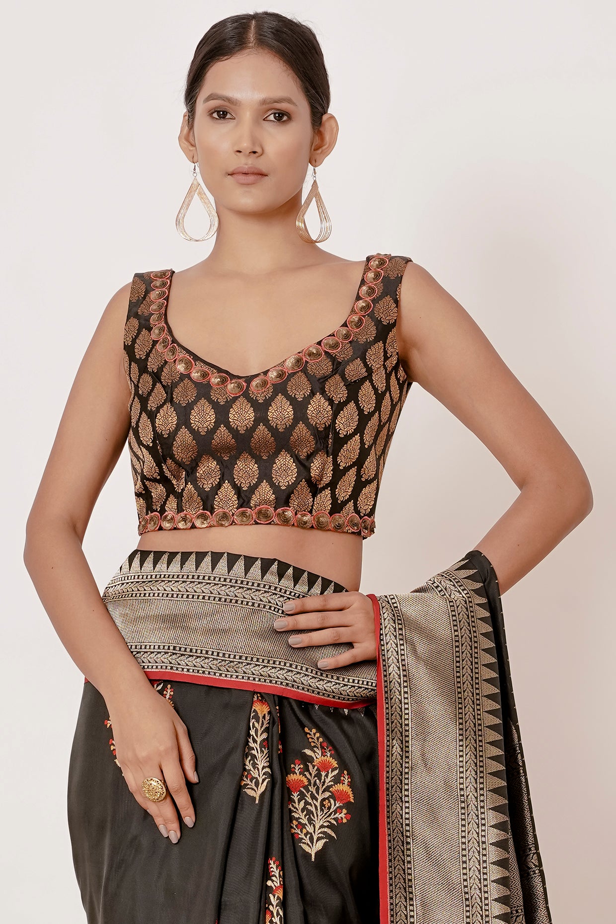 Black Banarasi Silk Saree with Floral Motifs all over and Black Brocade Blouse