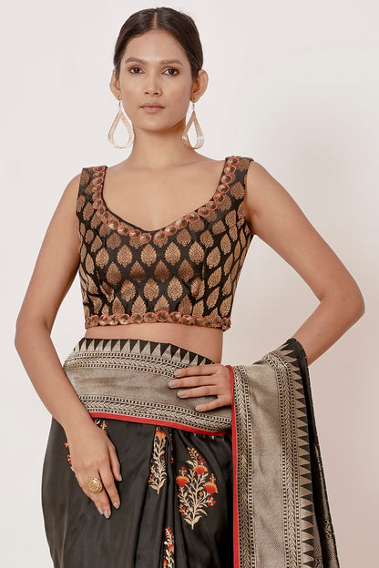Black Banarasi Silk Saree with Floral Motifs all over and Black Brocade Blouse