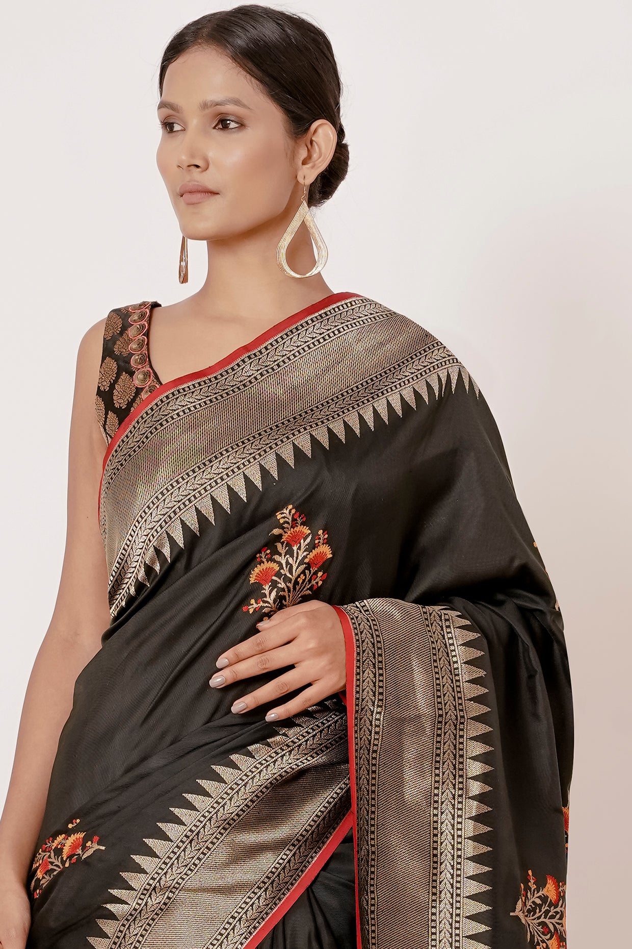 Black Banarasi Silk Saree with Floral Motifs all over and Black Brocade Blouse