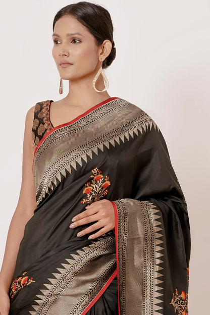 Black Banarasi Silk Saree with Floral Motifs all over and Black Brocade Blouse