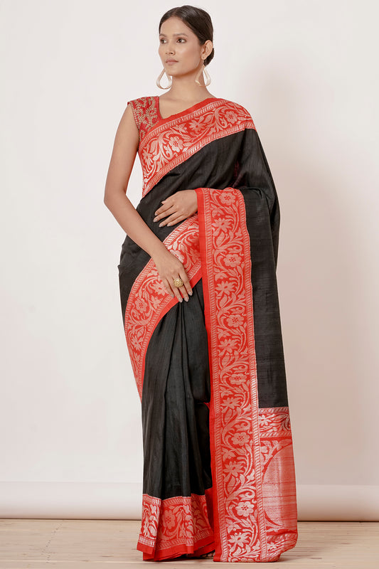 Black Banarasi Silk Saree with Thick Red Border and Red Blouse