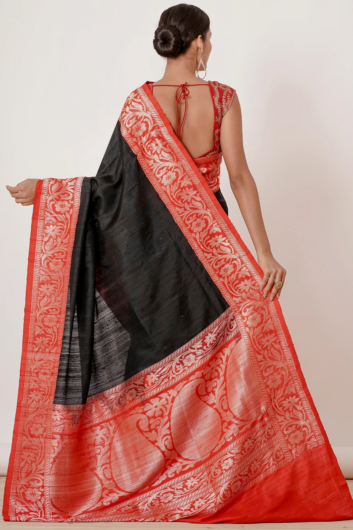 Black Banarasi Silk Saree with Thick Red Border and Red Blouse