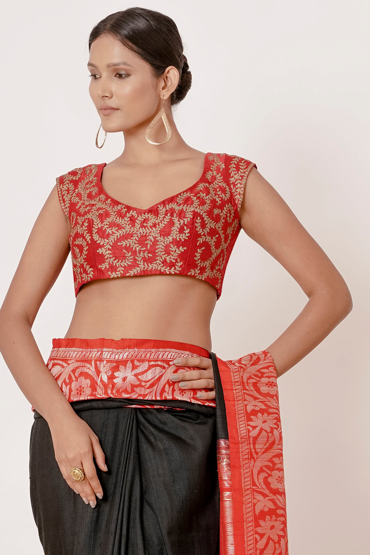 Black Banarasi Silk Saree with Thick Red Border and Red Blouse