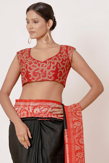 Black Banarasi Silk Saree with Thick Red Border and Red Blouse