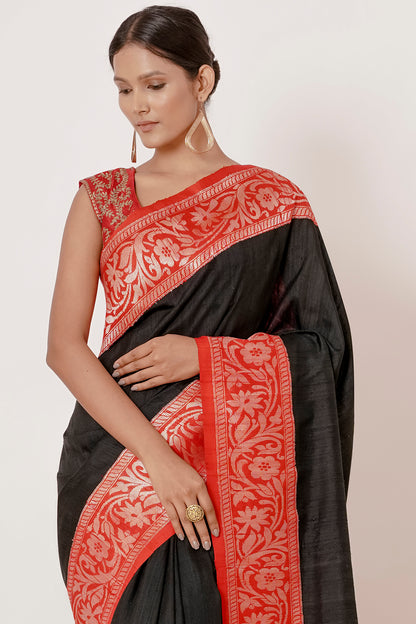 Black Banarasi Silk Saree with Thick Red Border and Red Blouse