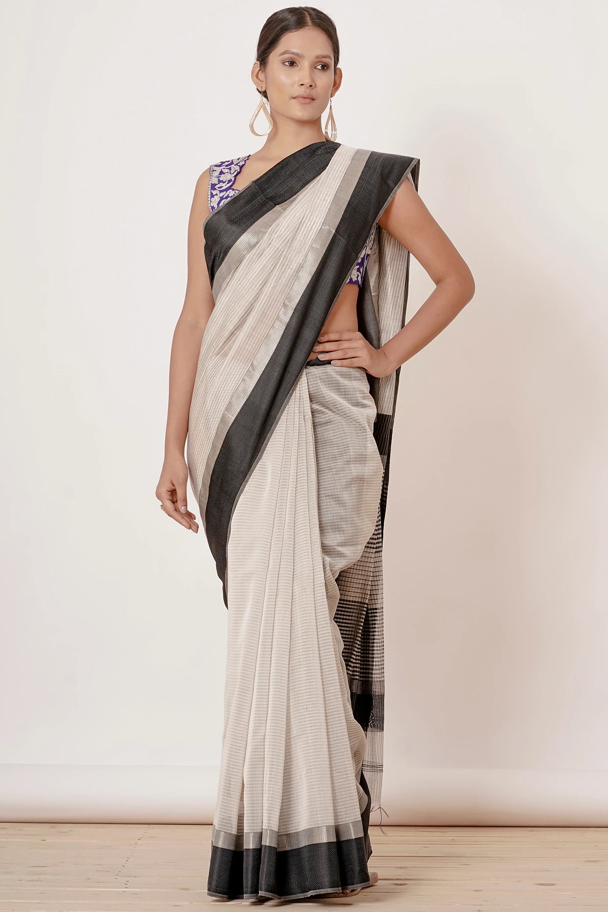 black ivory and silver maheshwari silk saree with dark blue blouse