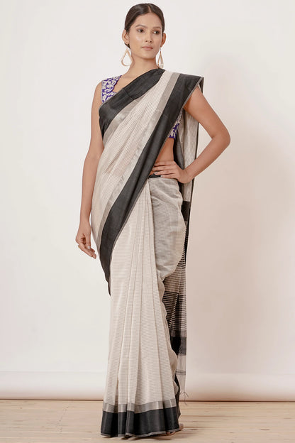 black ivory and silver maheshwari silk saree with dark blue blouse