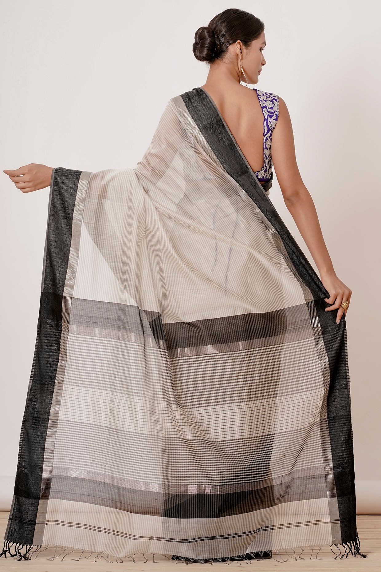 black ivory and silver maheshwari silk saree with dark blue blouse