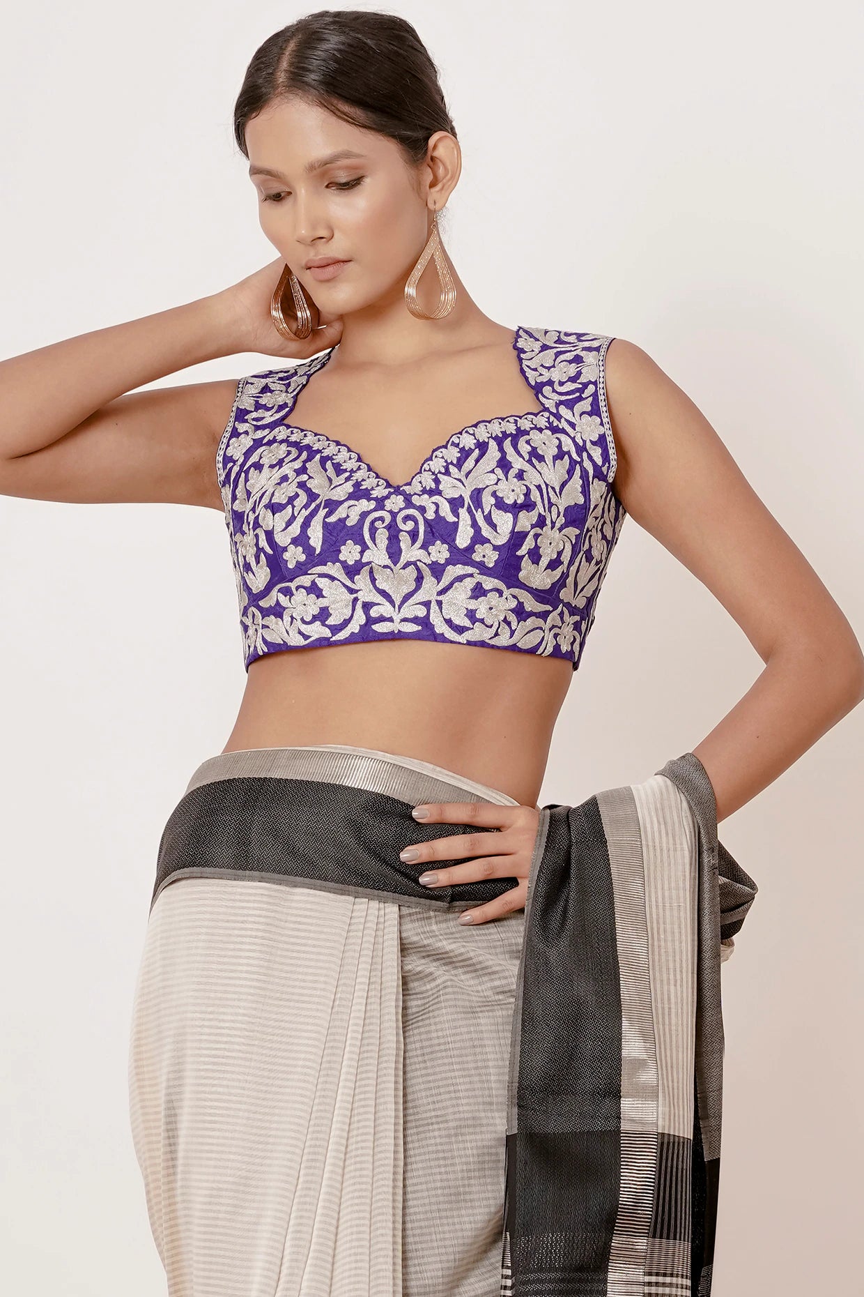 black ivory and silver maheshwari silk saree with dark blue blouse