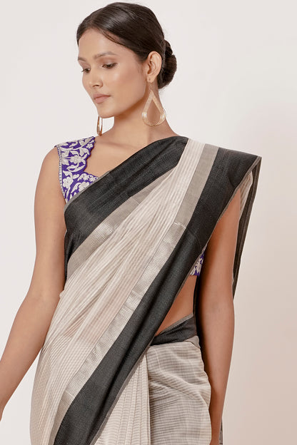 black ivory and silver maheshwari silk saree with dark blue blouse
