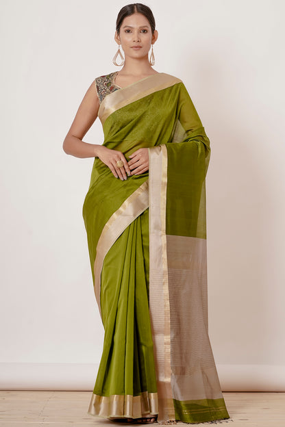 Olive Green Maheshwari Saree with Brocade Blouse