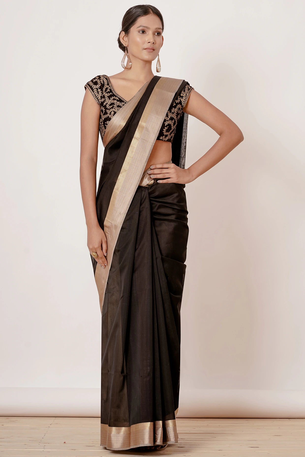 Black Maheshwari Silk Saree with Black Blouse