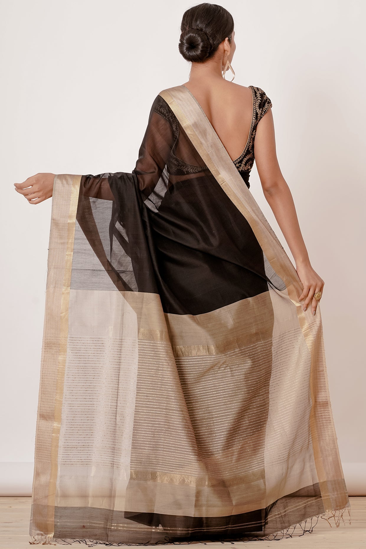 Black Maheshwari Silk Saree with Black Blouse