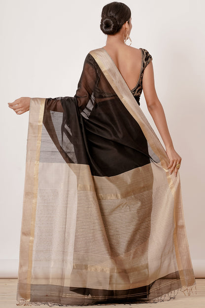 Black Maheshwari Silk Saree with Black Blouse