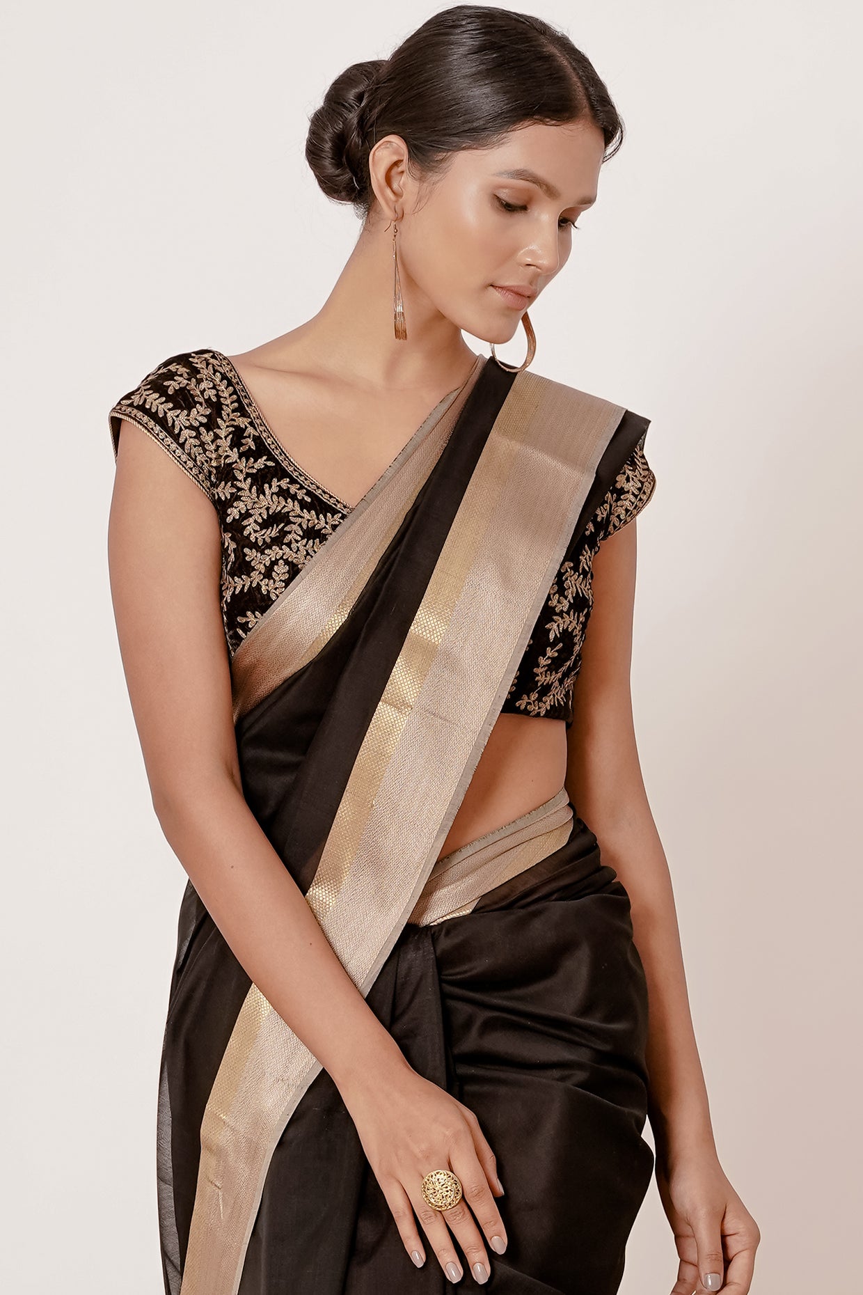 Black Maheshwari Silk Saree with Black Blouse