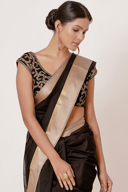 Black Maheshwari Silk Saree with Black Blouse