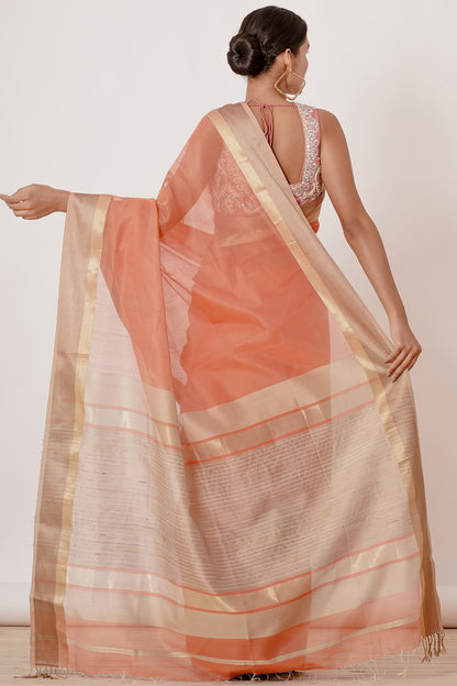 Coral Coloured Maheshwari Silk Saree with a Peach Blouse