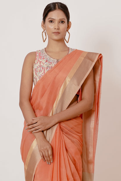 Coral Coloured Maheshwari Silk Saree with a Peach Blouse
