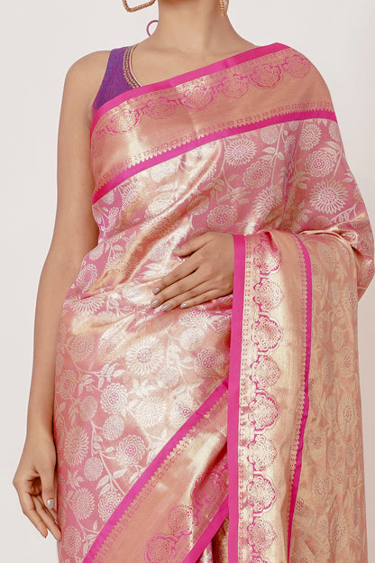 Onion Pink Dharmavaram Silk Saree with a Purple Backless Blouse