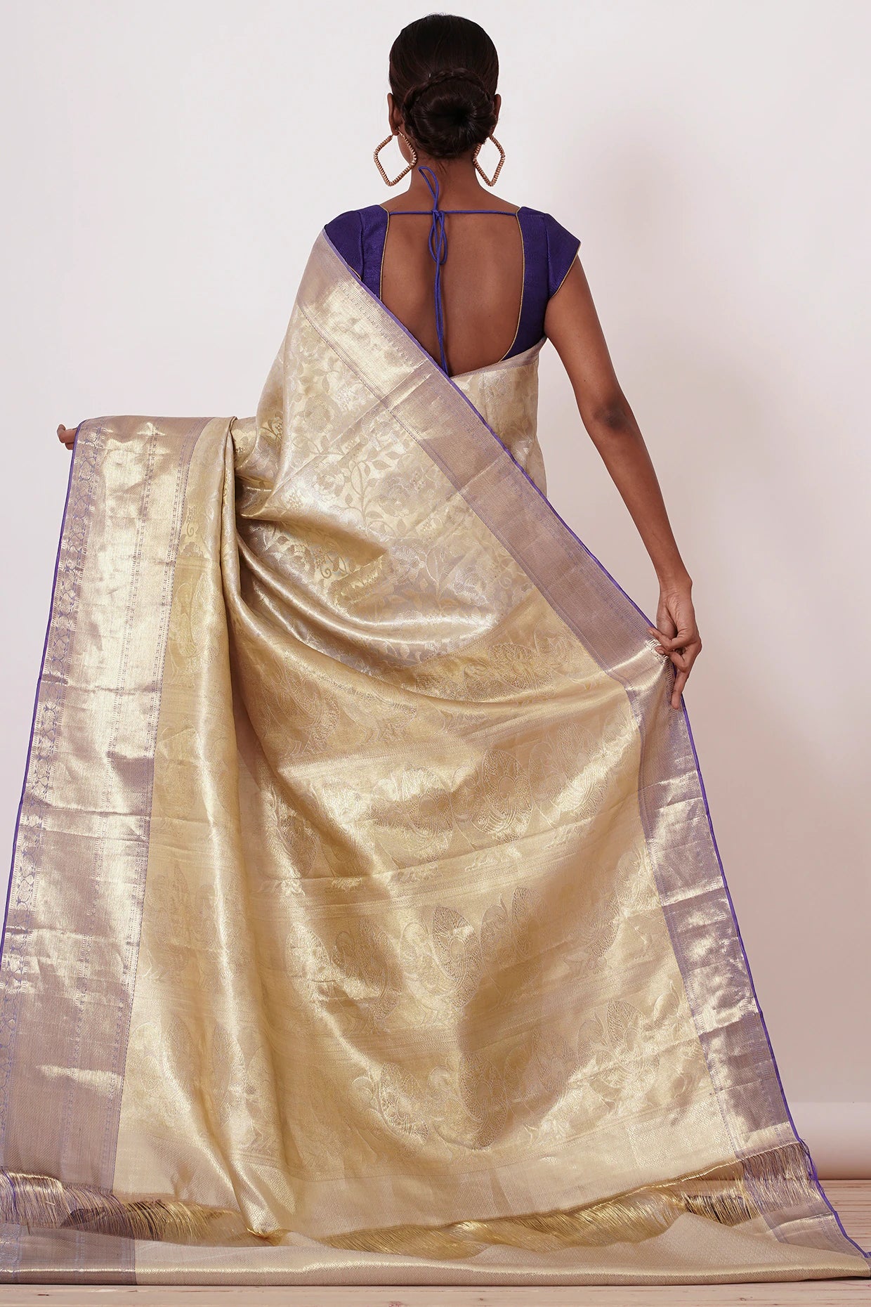 Ivory Gold Dharamavaram Silk Saree with a Dark Blue Blouse