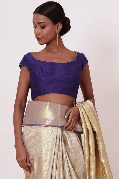 Ivory Gold Dharamavaram Silk Saree with a Dark Blue Blouse